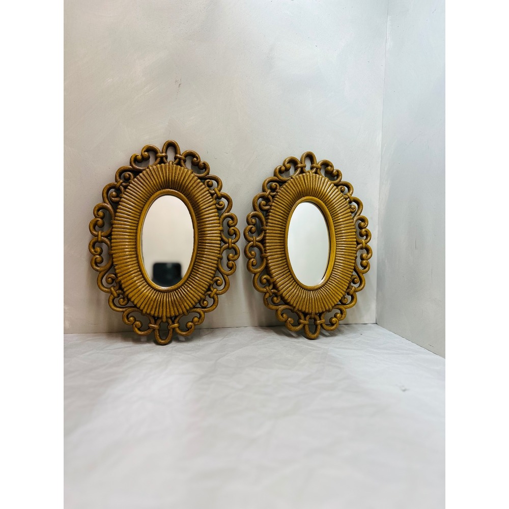 Vintage HOMCO 2615 Oval Mirror Faux Rattan Syroco S/2 9.5x6.5
